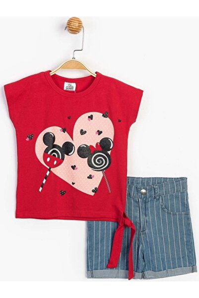 Minnie Mouse طقم بناتي مرخص مكون من قطعتين مع شورت جينز برباط جانبي155430
