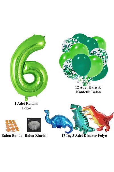 Patladı Gitti 6-Year-Old Dinosaur Set; Number Foil, 3 Mini Dinosaurs and 10 Balloons