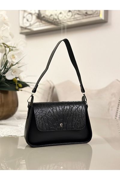 mossi Black Adjustable Long Brain Faux Leather Women's Handbag