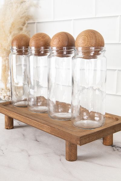 DNS HOME 4-Piece Glass Jar Set with Ball Lid and Wooden Stand Spice Jar Set Storage Container 500 ml