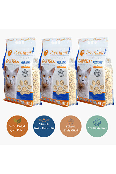 Premium Plus Çam Peleti Kedi Kumu 45 Lt (15LT X 3 ADET) Yavru/yetişkin Kedile...