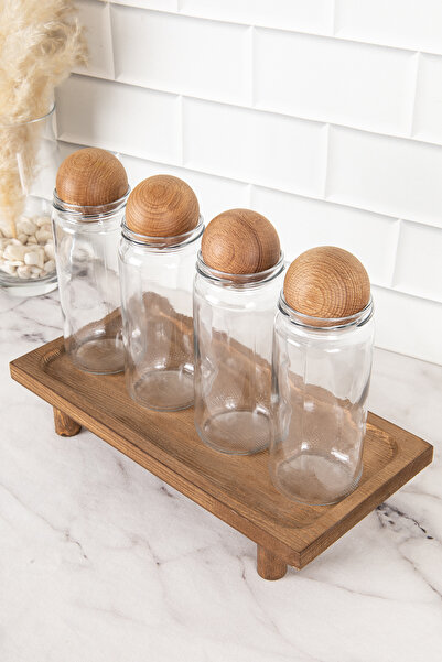 DNS HOME 4-Piece Glass Jar Set with Ball Lid and Wooden Stand Spice Jar Set Storage Container 500 ml