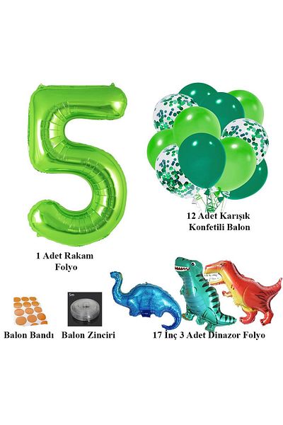 Patladı Gitti 5 Year Old Dinosaur Set; Number Foil, 3 Mini Dinosaurs and 10 Balloons