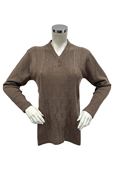 Moda Zeyn Kadın Kabartma Yuvarlak Desenli Yırtmaçlı Düğmeli V Yaka Anne Bluz ...