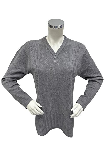 Moda Zeyn Kadın Kabartma Yuvarlak Desenli Yırtmaçlı Düğmeli V Yaka Anne Bluz ...