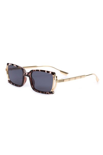 TomyHelf Leopard Frame Black Glass Metal Gold Handle Rectangular Women's Sunglasses