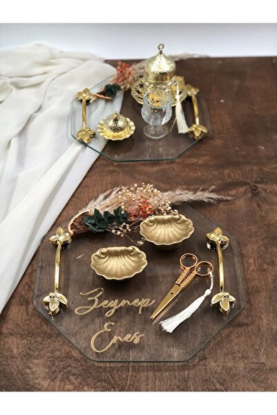 Masalsı Concept Cam Okaliptus yaprak süslemeli Cipsolu Söz Nişan Ve Damat Kahve Fincan Tepsi Seti