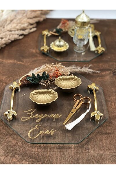 Masalsı Concept Cam Okaliptus yaprak süslemeli Cipsolu Söz Nişan Ve Damat Kahve Fincan Tepsi Seti