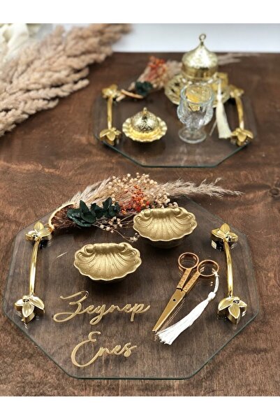 Masalsı Concept Cam Okaliptus yaprak süslemeli Cipsolu Söz Nişan Ve Damat Kahve Fincan Tepsi Seti