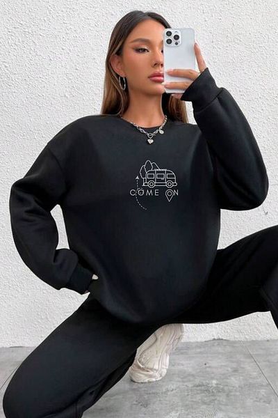 AEMİ Унисекс суитшърт с окръжно деколте и щампа Come On Caravan