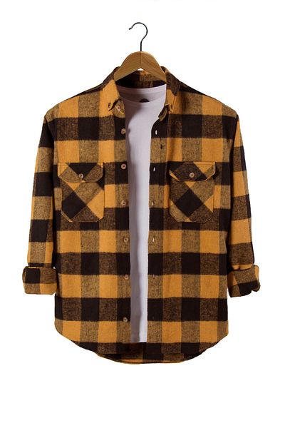 Terapi Men Mustard Regular Fit Shirt Collar Plaid Double Pocket Lumberjack Shirt