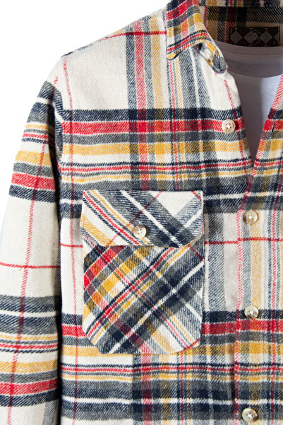 VEAVEN Κρεμ πουκάμισο με κανονική εφαρμογή γιακά καρό πουκάμισο ξυλοκόπο διπλής τσέπης