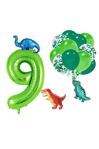 Patladı Gitti 9 Years Old Dinosaur Set - Number Foil, 3 Mini Dinosaurs and 10 Balloons