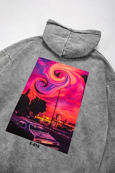 Sekizbiraltı Washed White Summer Love Back Printed Oversize Unisex Hoodie