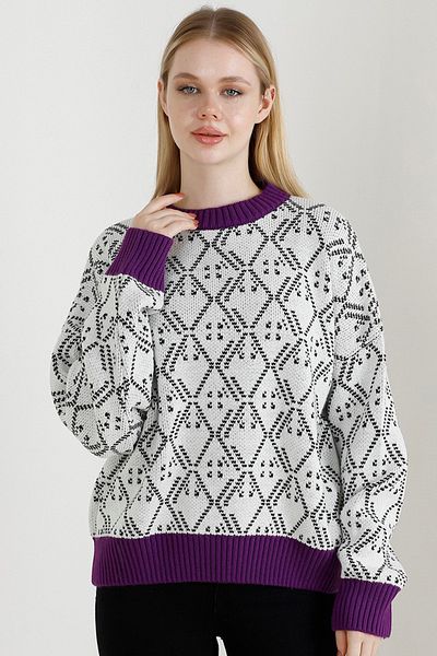 VEGENZE Women's Ecru Black Geometric Patterned Oversize Thick Knitwear Sweater