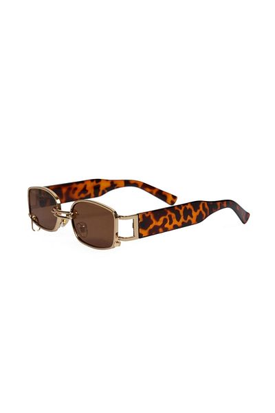 TomyHelf Women's Sunglasses Retro Rectangular Leopard Frame Brown Glass With Ring No Logo