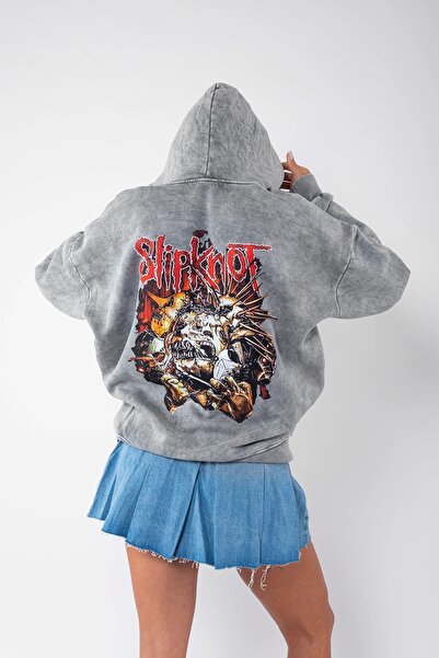 Bak Moda Πλένεται White Slipknot Back Printed Oversize Unisex Hoodie