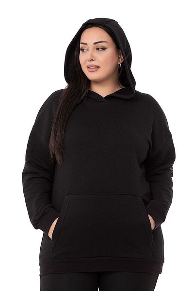 DISENTIS MODEST Large Size Hooded Kangaroo Pocket Three Thread Black Sweatshirt with Text Detail on the Back