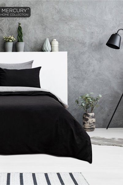 Mercury Double Cotton Bedding Set| Black-Grey with Elastic Sheets| Double Sided Buttoned Duvet Cover