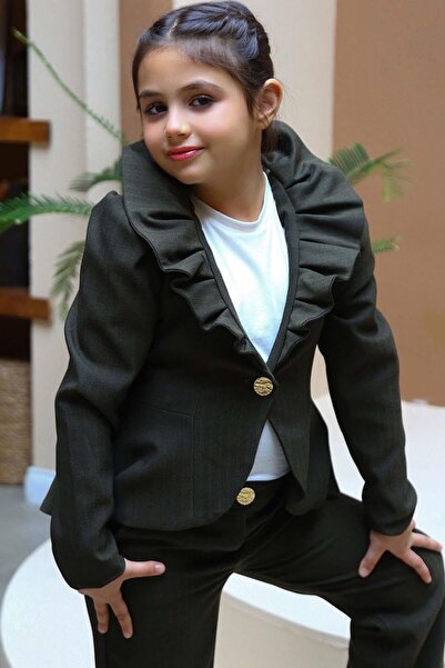 Riccotarz Girl's Frilly Collar Flared Jacket, Khaki Bottom and Top Set