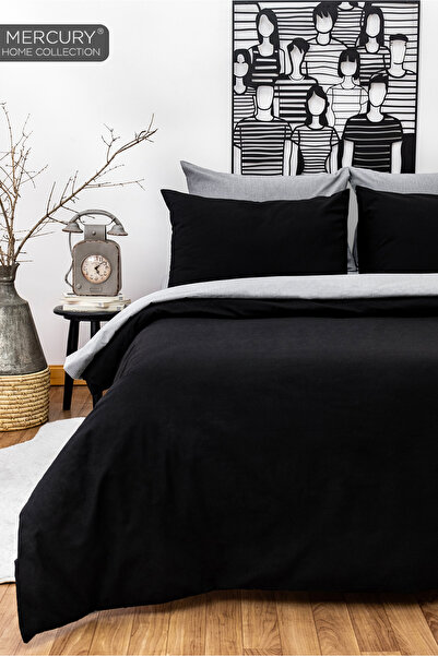 Mercury Double Cotton Bedding Set| Black-Grey with Elastic Sheets| Double Sid...