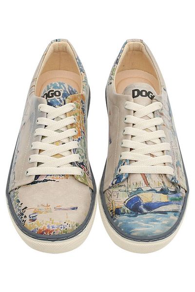 Dogo Pantofi de damă din piele vegană bej - design acuarelă și marinari