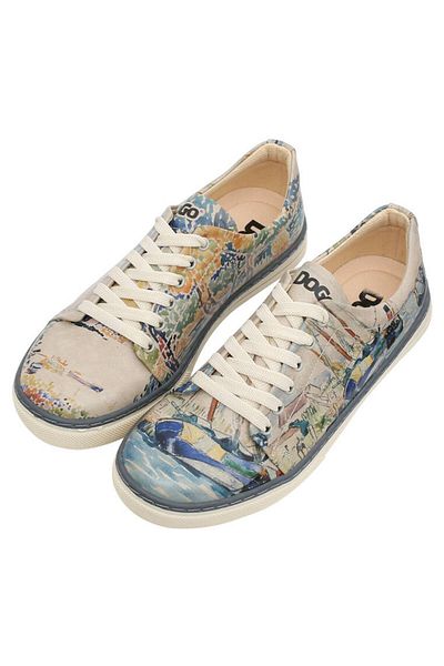 Dogo Pantofi de damă din piele vegană bej - design acuarelă și marinari