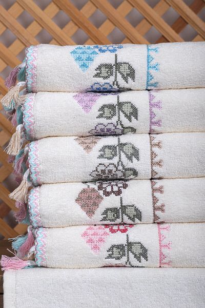Mira Home 6-Piece Cross Stitch Flower Embroidered Hand Face Towel Set with Tassels Gift Dowry Hand Face Towel Set 50 x 9