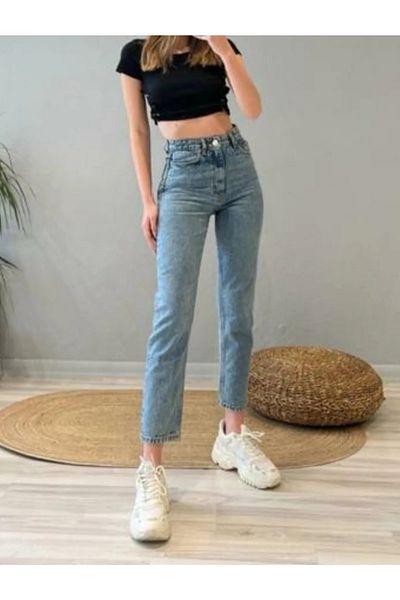 MAKRAS EXCLUSIVE Pantaloni de damă Blue Snow Wash, cu talie înaltă, confortabili, din lycra Mom Jeans