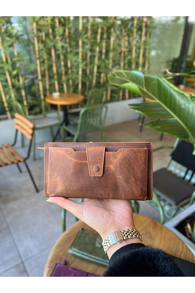 MFT Leather Design Портфейл PANDORA от естествена кожа с отделение за телефон - кафяв
