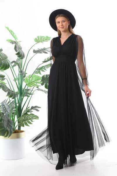 CİXAPLE V Yaka Tül Elbise