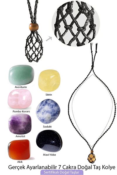 Tesbih Atölyesi Certified Healing Set Macrame Braided 7 Chakra Natural Stone Necklace Adjustable - Black