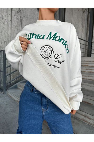 only moon Women's Clothing White Embroidered Oversize Sweatshirt