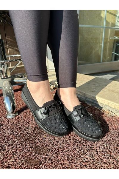 Allyup Orthopedic Daily Women's Ballerinas Black Mother's Shoes Comfortable Light Sole Flexible Lacing Detailed 602