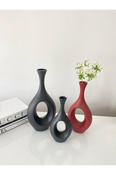 stilinbu Set de 3 vaze ceramice boeme hitite - H253035 (negru roșu claret negru)