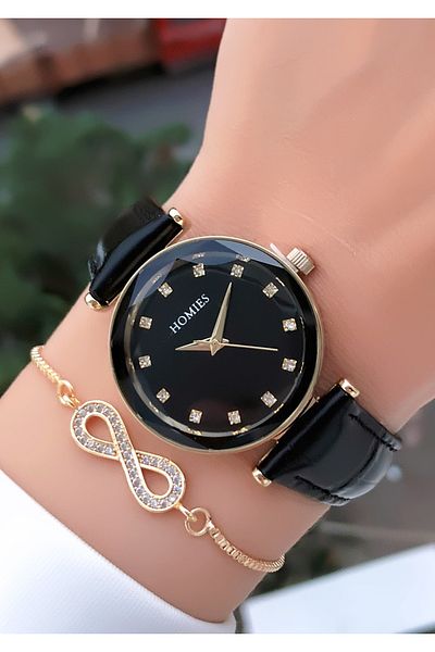 Homies HOMİES BRAND BLACK LEATHER WOMEN'S WATCH WITH BRACELET GIFT