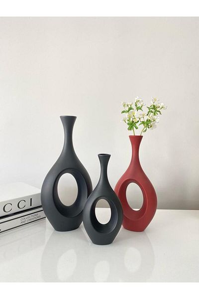 stilinbu Set de 3 vaze ceramice boeme hitite - H253035 (negru roșu claret negru)