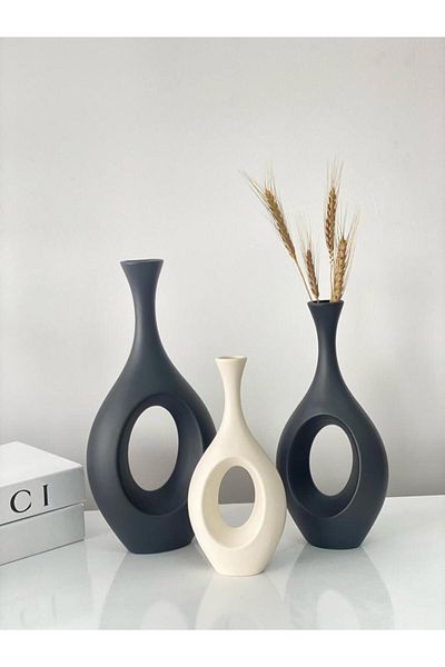 stilinbu Vază ceramică boemă hitită - set de 3 H253035 (negru-negru-alb rupt)