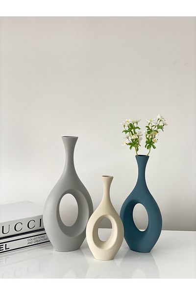 stilinbu Vază ceramică boemă hitită - set de 3 H253035 (gri-albastru-cosmic-bej)