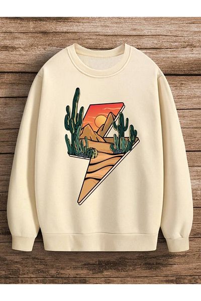 AEMİ Φούτερ Unisex Cactus and Desert Printed Oversize Crew Neck Φούτερ