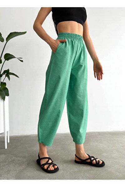 MDZ COLLECTION Likralı Keten Şalvar Pantolon Yeşil