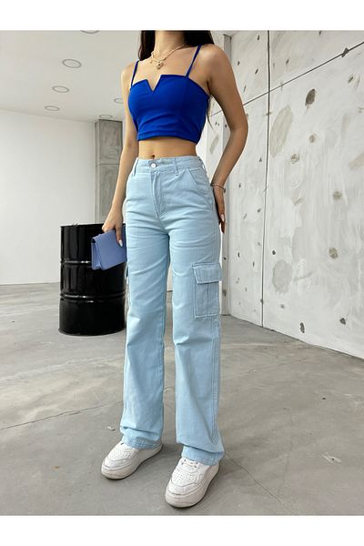 BİKELİFE Pantaloni cargo largi cu talie înaltă de damă, albastru
