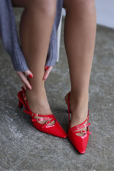 selinshoes Mariana Tape Detailed Buckle Women's Heeled Shoes - RED Patent Leather