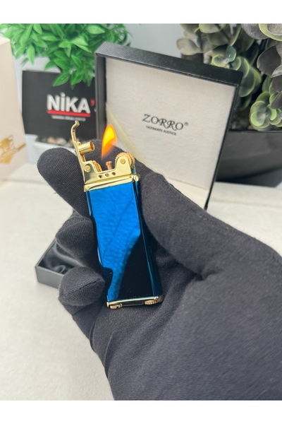 Zorro Premium Slim Marka Ince Şık Model Mavi Renk Benzinli Çakmak