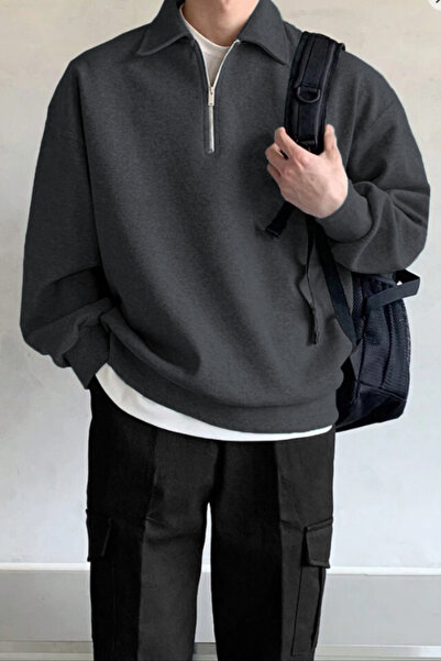 Vio Belle Men's Oversize Half Zipper Sweatshirt with Shirt Collar