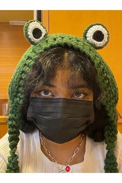 TRENDİN YOLU Green frog hat style Korean model long beret handmade