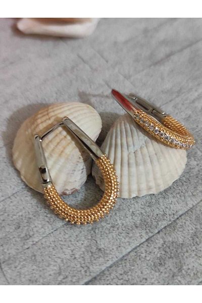 HKN AVM ACCESSORİES New Season Shiny Jewelled Oval Gold Earrings