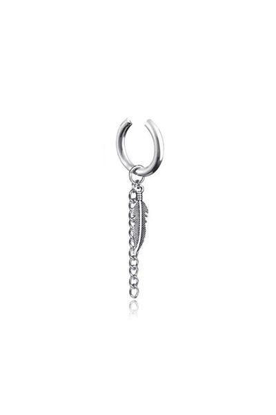 Jaida Moda Unisex 316l Surgical Steel Dangle Chain and Feather Figured Non-Perforated Fake Hoop Earrings