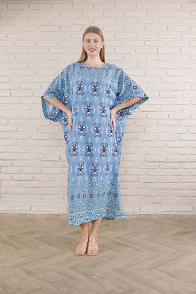 mervemoda Γυναικείο μακρύ φόρεμα από υφαντό βισκόζη με μπλε στάμπα