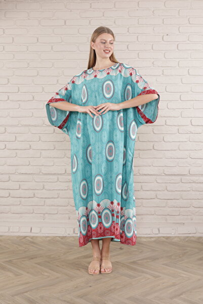 mervemoda Women's Turquoise Bat Sleeve Patterned Woven Dress